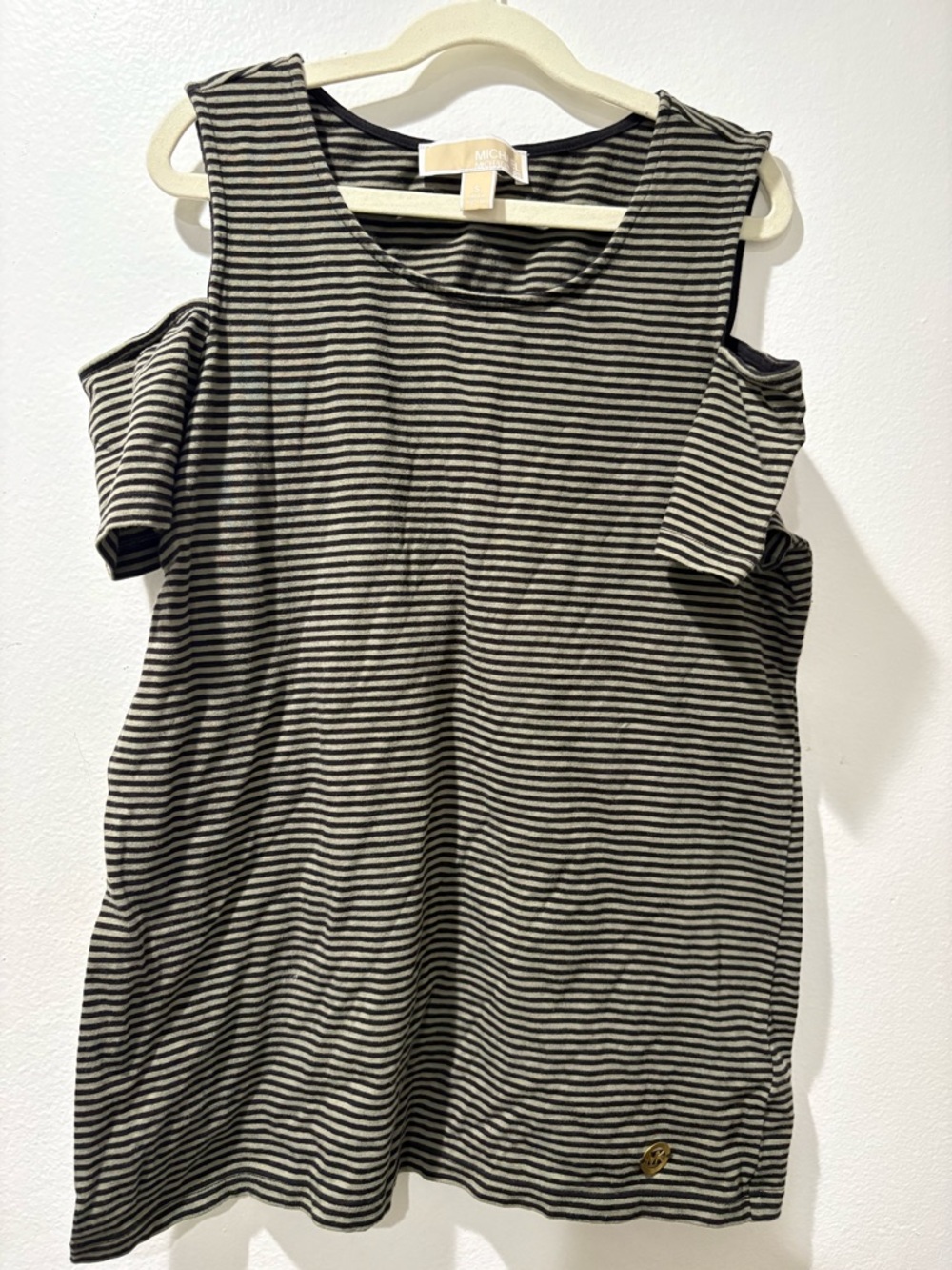 Michael Kors black and tan striped cold-shoulder blouse